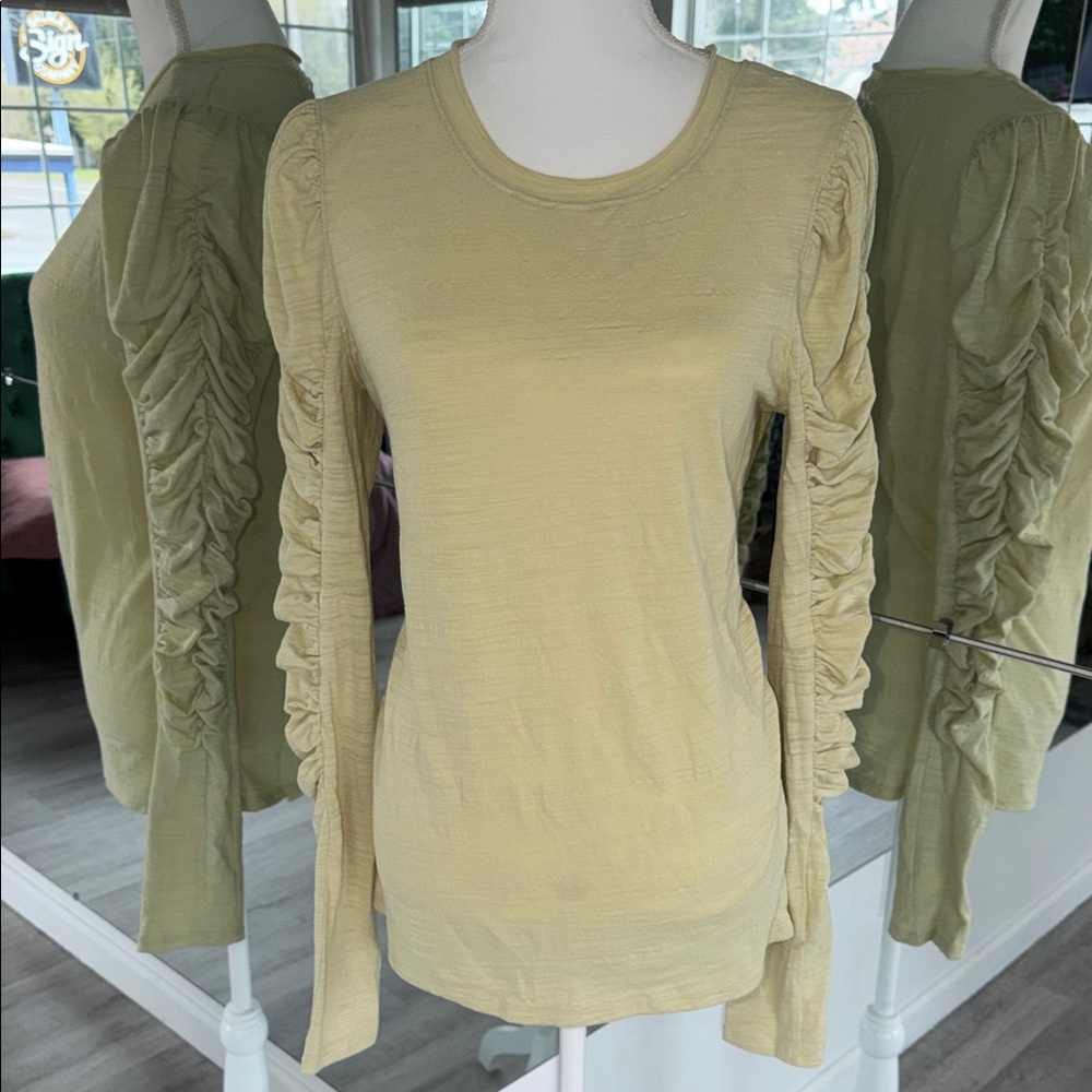 Free People Pale Olive Ruched-Sleeve Long Sleeve Tee